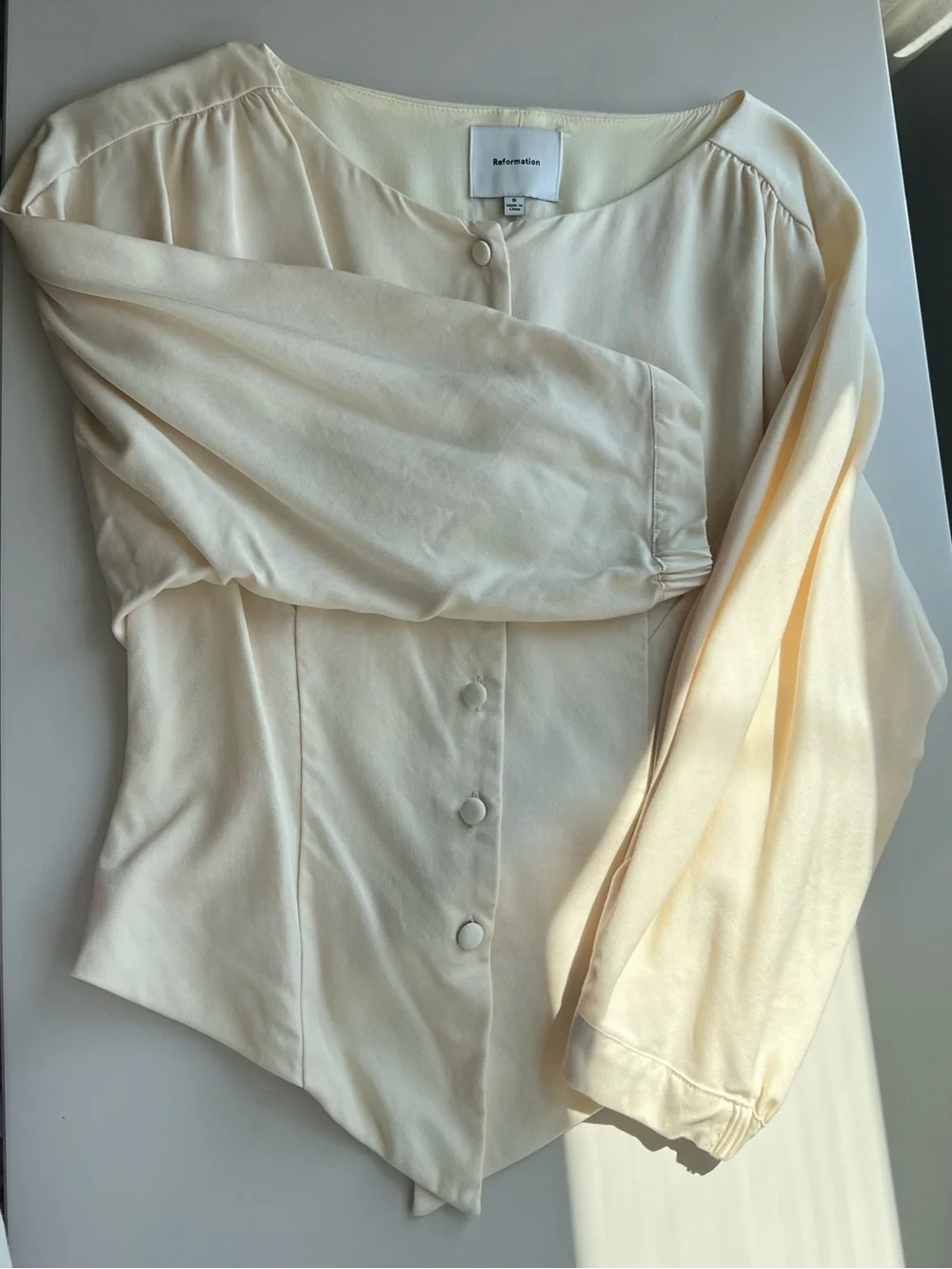 Reformation Cream Button-Front Peasant Blouse